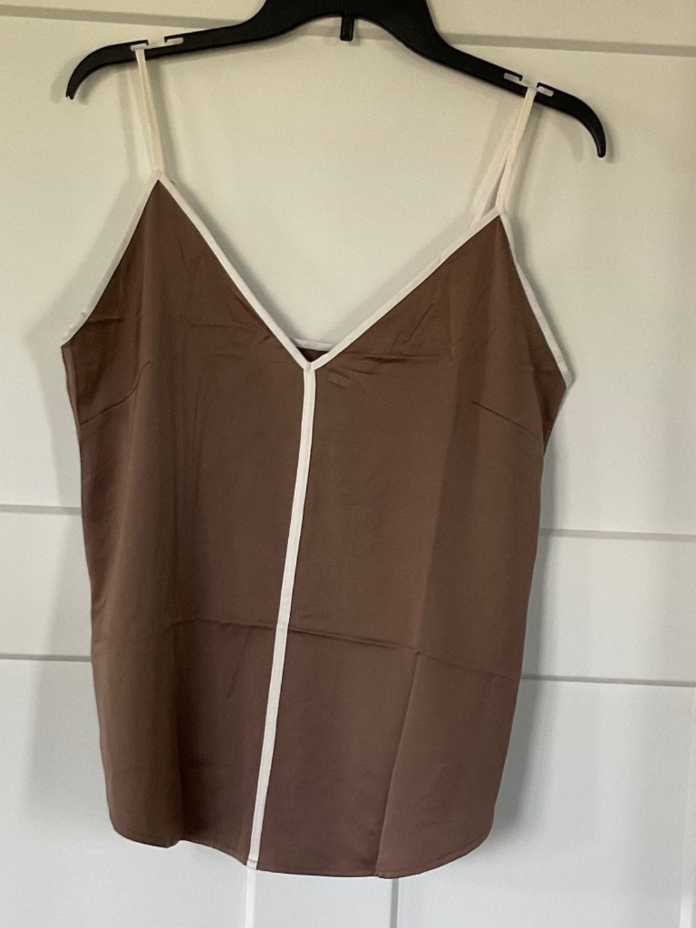 Express Brown Satin Cami sharp V-neckline contrasting white piping trim